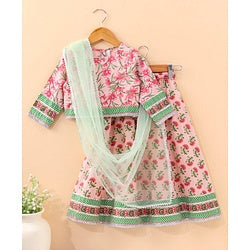 Babyhug Three Fourth Sleeves Choli & Lehenga With Dupatta Floral Print- Pink