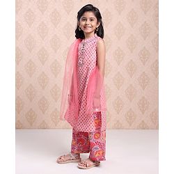 Babyhug Sleeveless Printed Kurti & Palazzo With Dupatta Sequin Detailing - Pink