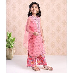 Babyhug Sleeveless Printed Kurti & Palazzo With Dupatta Sequin Detailing - Pink