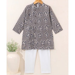 Babyhug Full Sleeves Cotton Kurta & Pyjama Set Printed- Grey