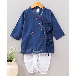 Babyhug Cotton Full Sleeves Kurta and Dhoti Set with Embroidery Solid Colour - Denim Blue