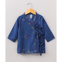 Babyhug Cotton Full Sleeves Kurta and Dhoti Set with Embroidery Solid Colour - Denim Blue