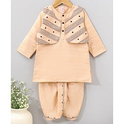 Babyhug Full Sleeves Kurta & Dhoti Set with Waist Coat Ethnic Print - Off Beige