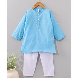 Babyhug Cotton Full Sleeves Kurta Pyjama Set Dobby Embroidered - Light Blue