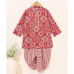 Babyhug Full Sleeves All Over Printed Kurta & Dhoti Set - Red