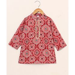 Babyhug Full Sleeves All Over Printed Kurta & Dhoti Set - Red