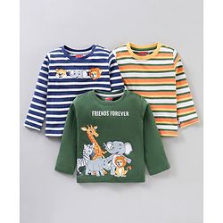 Babyhug Cotton Full Sleeves Tee Stripes & Wild Animals Print Pack of 3- Mullticolor
