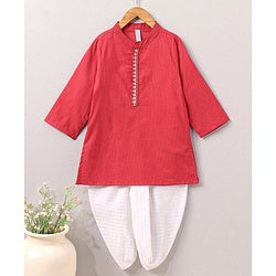 Babyhug Full Sleeves Cotton Kurta & Lurex Dhoti Set Stripes Print- Red