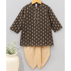 Babyhug Full Sleeves Floral Printed Kurta & Dhoti Set - Charcoal
