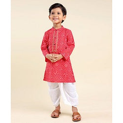 Babyhug  Full Sleeve Bandhani Print Kurta with Dobby Dhoti - Red