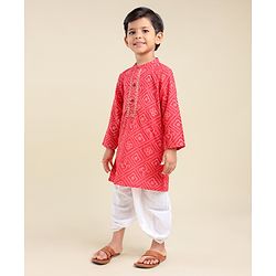 Babyhug  Full Sleeve Bandhani Print Kurta with Dobby Dhoti - Red