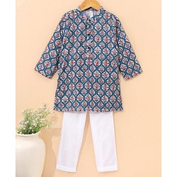 Babyhug Full Sleeve Cotton Printed Kurta Pyjama  Set - Turquoise Blue