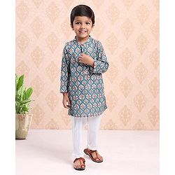 Babyhug Full Sleeve Cotton Printed Kurta Pyjama  Set - Turquoise Blue