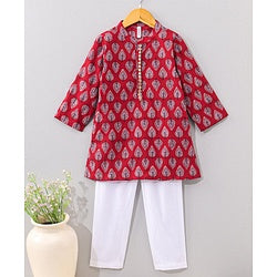 Babyhug Cotton Full Sleeves Kurta Pyjama Set Leaf Print - Red