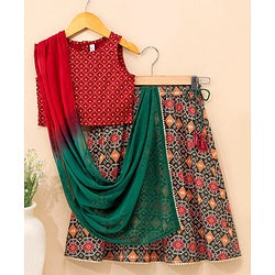 Babyhug Sleeveless Lehenga Choli and Dupatta Set Jaipuri Print - Red & Green