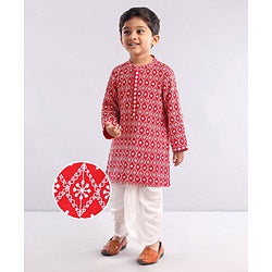 Babyhug Full Sleeve Cotton Thread Embrodered Kurta Pyjama  Set - Red
