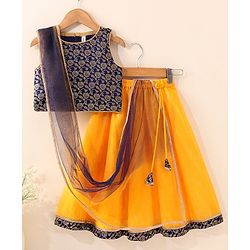 Babyhug Sleeveless Embroidered Choli Lehenga And Dupatta - Blue Yellow