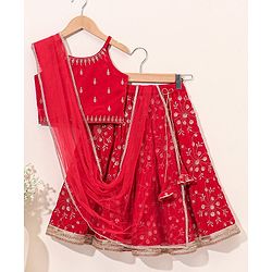 Babyhug Sleeveless Embroidered Choli Lehenga And Dupatta - Red