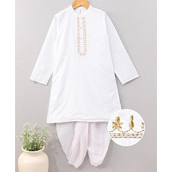 Babyhug Full Sleeves Embroidered Kurta & Striped Dhoti - White