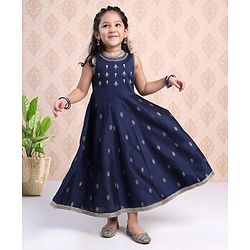 Babyhug Sleeveless Printed Ethnic Dress With Embroidery- Navy Blue