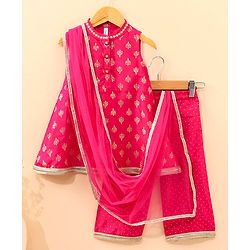 Babyhug Sleeveless Kurta and Salwar set with Dupatta Embroidered - Fuschia