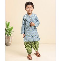 Babyhug Full Sleeves Cotton Printed Kurta & Striped Dhoti Set- Light Blue