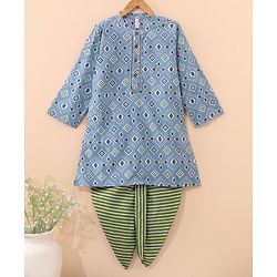Babyhug Full Sleeves Cotton Printed Kurta & Striped Dhoti Set- Light Blue