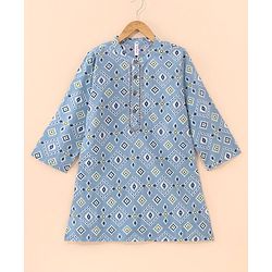 Babyhug Full Sleeves Cotton Printed Kurta & Striped Dhoti Set- Light Blue