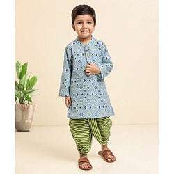 Babyhug Full Sleeves Cotton Printed Kurta & Striped Dhoti Set- Light Blue