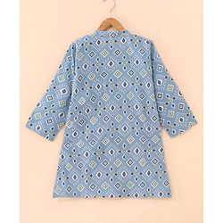 Babyhug Full Sleeves Cotton Printed Kurta & Striped Dhoti Set- Light Blue