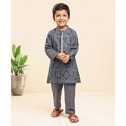 Babyhug Cotton Woven Full Sleeves Kurta & Pajama Set Ethnic Print - Grey