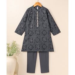 Babyhug Cotton Woven Full Sleeves Kurta & Pajama Set Ethnic Print - Grey