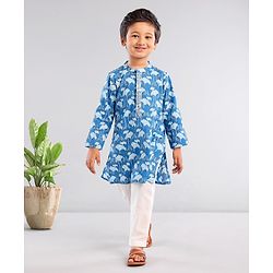 Babyhug Cotton Woven Full Sleeves Kurta With Pyjama Floral Printed- Indigo