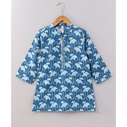 Babyhug Cotton Woven Full Sleeves Kurta With Pyjama Floral Printed- Indigo