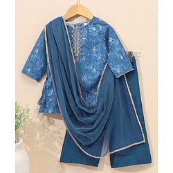 Babyhug Three Fourth Sleeves Embroidered Kurti & Palazo with Dupatta - Blue