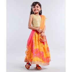 Babyhug Sleeveless Choli Lehenga And Dupatta With Embroidery - Yellow Pink