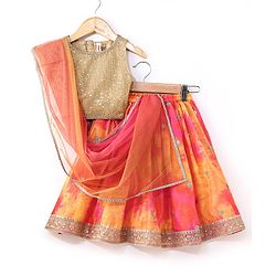 Babyhug Sleeveless Choli Lehenga And Dupatta With Embroidery - Yellow Pink