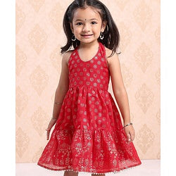 Babyhug Sleeveless Printed Backless Ethnic Dress - Red