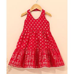 Babyhug Sleeveless Printed Backless Ethnic Dress - Red