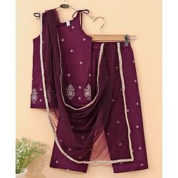 Babyhug Singlet Sleeves Zari Kurti and Sharara Set with Lace and Dupatta Embroided - Purple