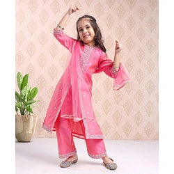 Babyhug Three Fourth Sleeves Embroidered Kurti & Palazzo Set With Dupatta- Fuchsia