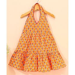 Babyhug Sleeveless Cotton Ethnic Dress Floral Print - Orange