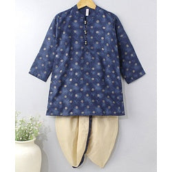 Babyhug Full Sleeves Kurta Dhoti Set All Over Foil Print - Navy Blue Beige