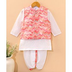 Babyhug Full Sleeves Cotton Kurta & Dhoti Set With Printed Waistcoat- White