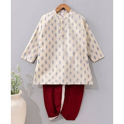 Babyhug Full Sleeves Brocade Kurta & Dhoti Set  All Over Printed - White Red