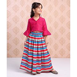Babyhug Three Fourth Sleeves Woven Solid Ethnic Top & Striped Skirt Set - Multicolor