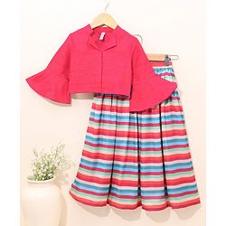 Babyhug Three Fourth Sleeves Woven Solid Ethnic Top & Striped Skirt Set - Multicolor