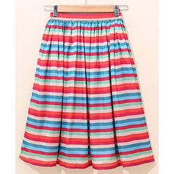 Babyhug Three Fourth Sleeves Woven Solid Ethnic Top & Striped Skirt Set - Multicolor