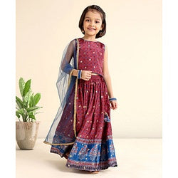 Babyhug Sleeveless Choli Lehenga And Dupatta Printed - Maroon