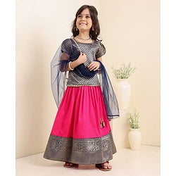 Babyhug Half Sleeves Choli Lehenga And Dupatta Ethnic Printed - Fuschia
